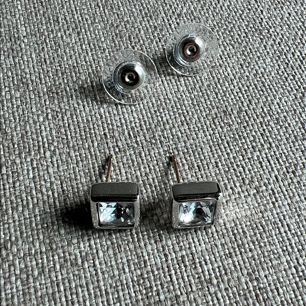 Swarovski | Vintage Crystal Emerald Cut Silver Tone Casing Pierced Earrings - Picture 5 of 9
